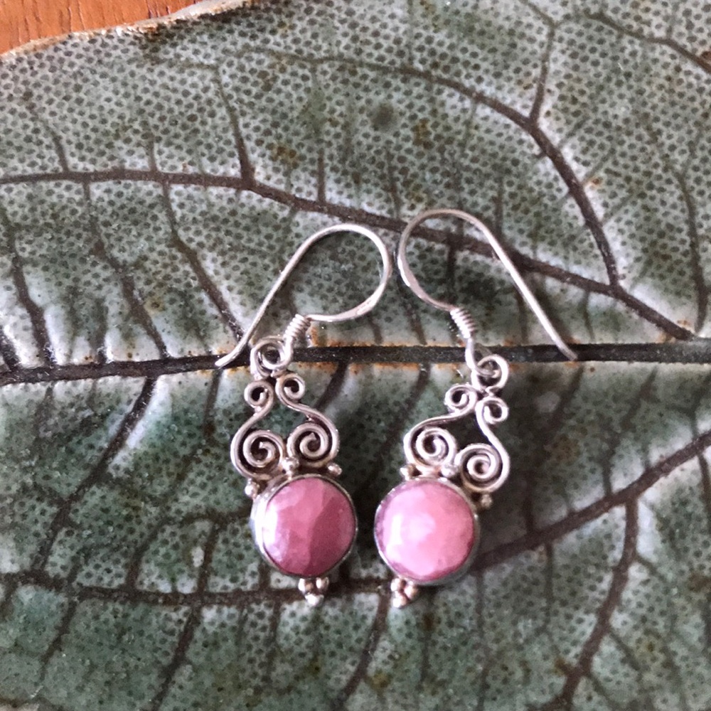 Sterling silver and rhodonite drop earrings.